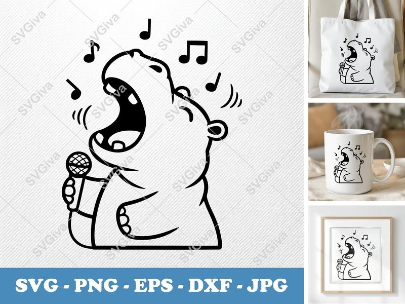 Hippo SVG | Singing Hippo with Microphone & Music Notes | PNG EPS DXF | Cricut & Silhouette Cut File