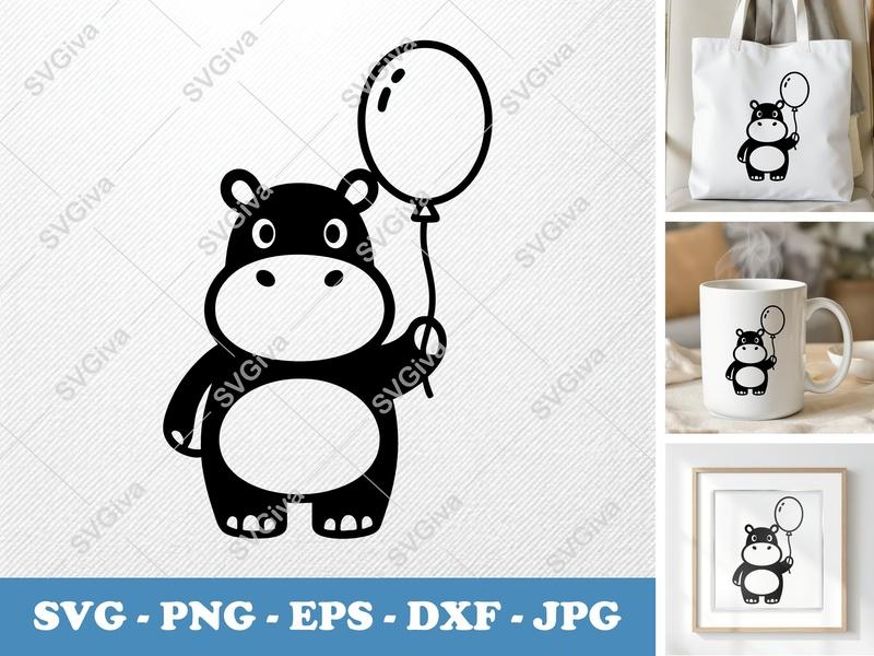 Hippo SVG with Balloon | Cute Animal Cut File | Modern Design, PNG, EPS, DXF for Cricut & Silhouette