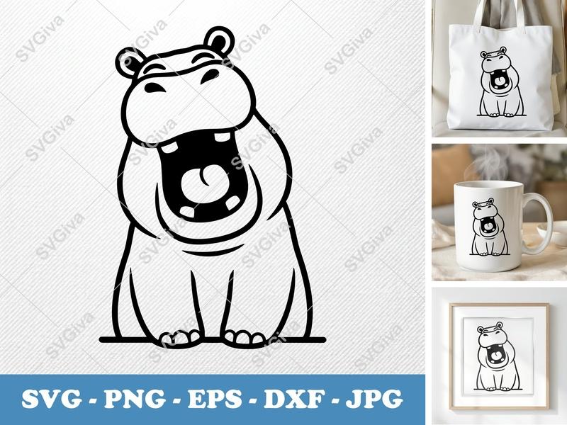 Hippo SVG | Yawning Happy Hippo Cut File | Modern Animal Clipart | Cricut Silhouette PNG EPS DXF