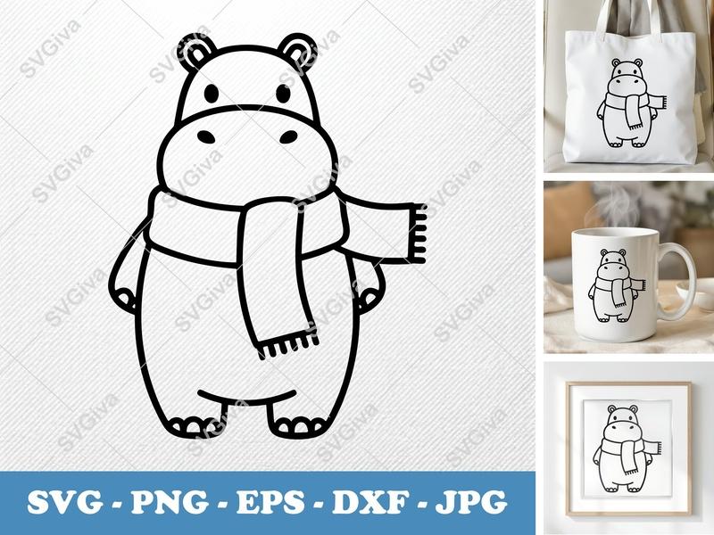 Hippo wearing a scarf SVG | Friendly, Bean-shaped Forms | PNG DXF EPS | Cricut Silhouette File