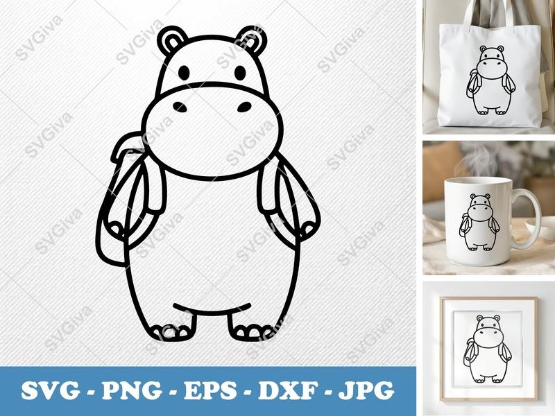 Hippo wearing backpack SVG | Cute Cartoon Bean-Shaped Design | PNG DXF EPS | Cricut Silhouette File