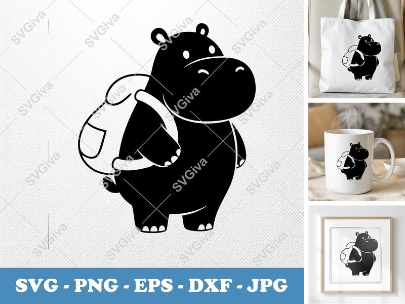 Hippo Wearing Backpack SVG | Puffy Cartoon Hippo Clip Art | Inflated Animal Cut File for Cricut, Silhouette | PNG DXF EPS