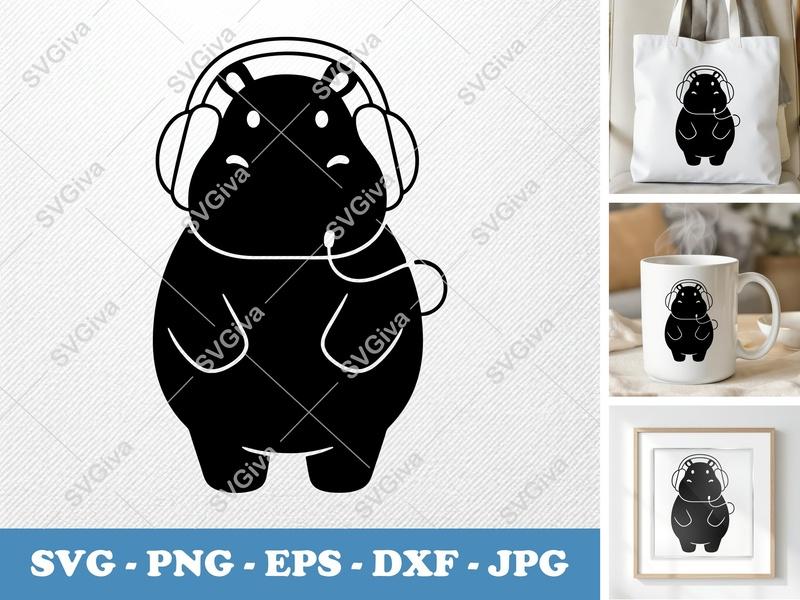 Hippo Wearing Headphones SVG, Puffy Soft Form PNG DXF EPS | Cricut Silhouette Cut File