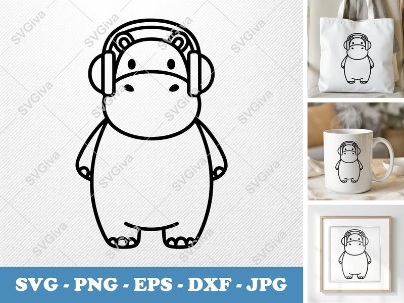 Hippo Wearing Headphones SVG | Rounded Bean-Shaped Cut File | Friendly Animal PNG DXF EPS | Cricut Silhouette