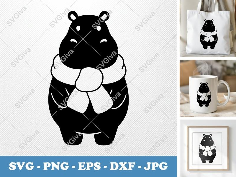 Hippo Wearing Scarf SVG | Puffy Pillow Soft Shapes | Cricut Silhouette | PNG DXF EPS Cut File
