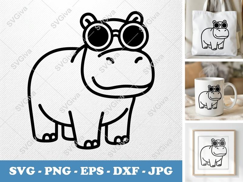 Hippo Wearing Sunglasses SVG PNG DXF EPS | Cricut Silhouette Cut File Vector Animal