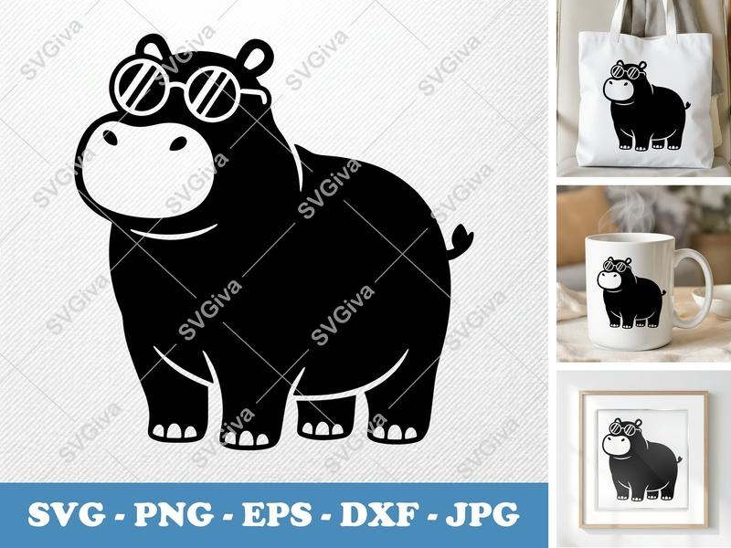 Hippo Wearing Sunglasses SVG | Puffy Cartoon Style Digital Cut File | PNG DXF EPS for Cricut Silhouette