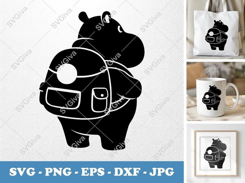 Hippo with Backpack SVG | Cute Animal Back to School Cut File for Cricut, Silhouette | PNG EPS DXF Vector Clipart