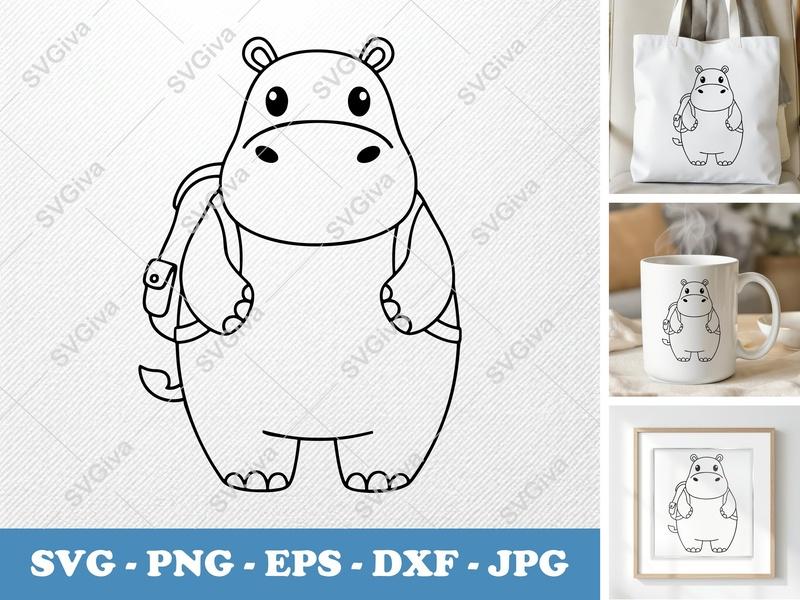 Hippo with Backpack SVG | Cute Animal PNG EPS DXF | School Safari Cricut Silhouette Cut File