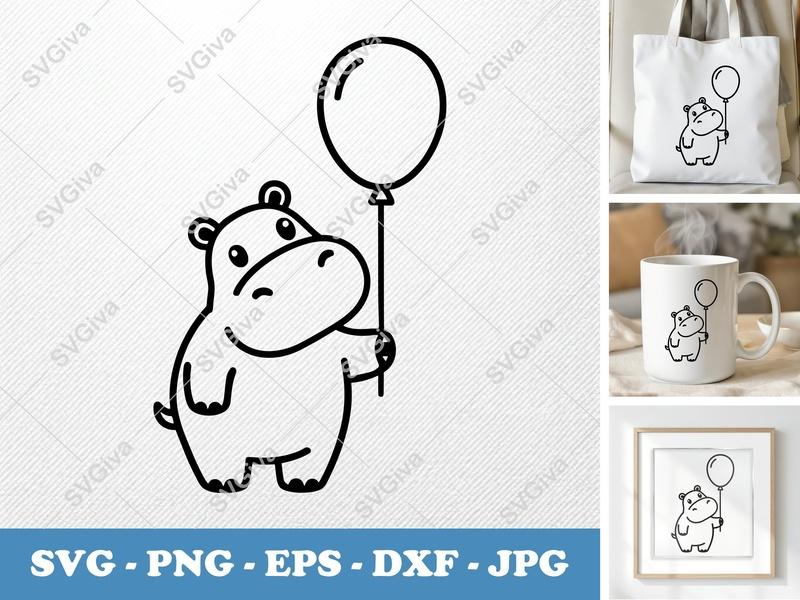 Hippo with Balloon SVG | Cute Animal Cut File | PNG EPS DXF for Cricut Silhouette, Baby Shower Clipart, Kids Craft