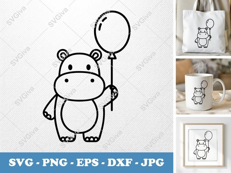 Hippo with Balloon SVG | Cute Animal PNG EPS DXF | Cricut & Silhouette Cut File | Modern Cartoon Vector