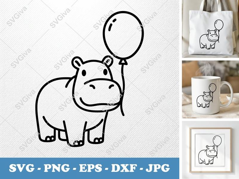 Hippo with Balloon SVG PNG DXF EPS | Cute Animal Cut File Cricut Silhouette