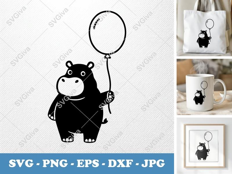 Hippo with Balloon SVG | Puffy Cartoon Cut File | PNG DXF EPS for Cricut Silhouette