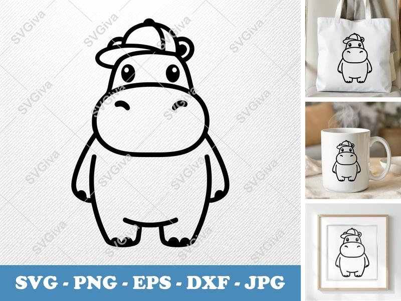 Hippo with Cap SVG | Modern Cute Animal Line Art | PNG EPS DXF | Cricut Silhouette Cut File