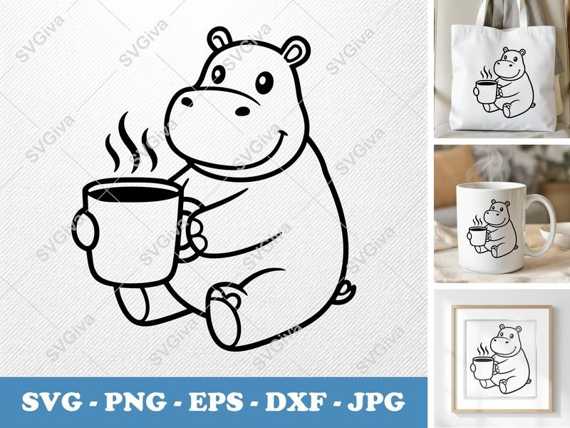 Hippo with Coffee Cup SVG | Friendly Rounded Body Bean-Shaped Forms | PNG DXF EPS | Cricut Silhouette File