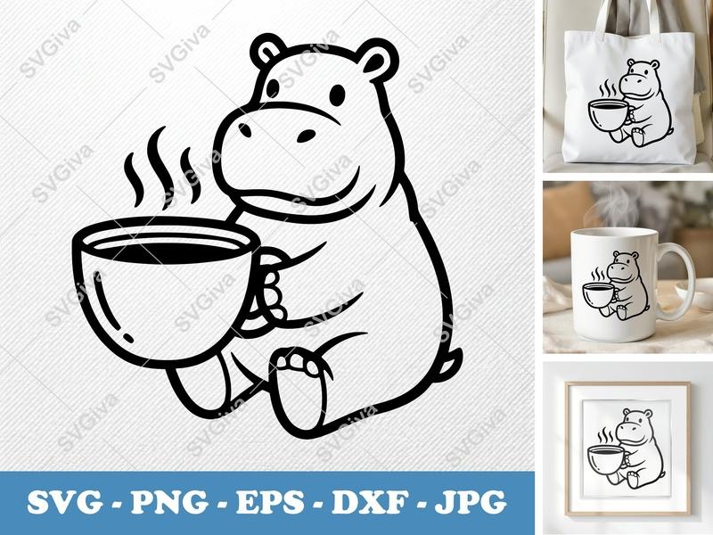 Hippo with Coffee Cup SVG | Outline Style Thick Contour Design | PNG DXF EPS | Cricut Silhouette | Low Detail Animal Vector