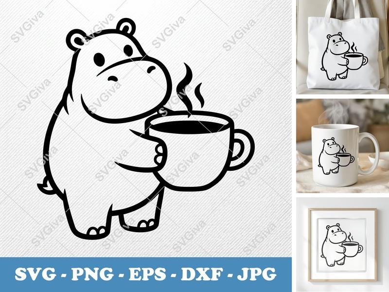 Hippo with Coffee Cup SVG PNG DXF EPS | Cricut Silhouette Cut File | Cute Animal Coffee Lover Design