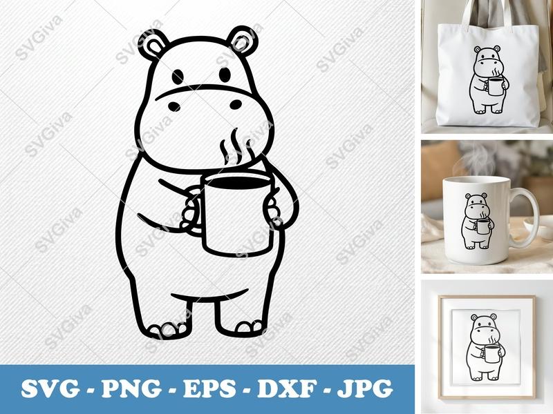 Hippo with Coffee Cup SVG | PNG DXF EPS Cut File for Cricut Silhouette | Animal Morning Beverage Design