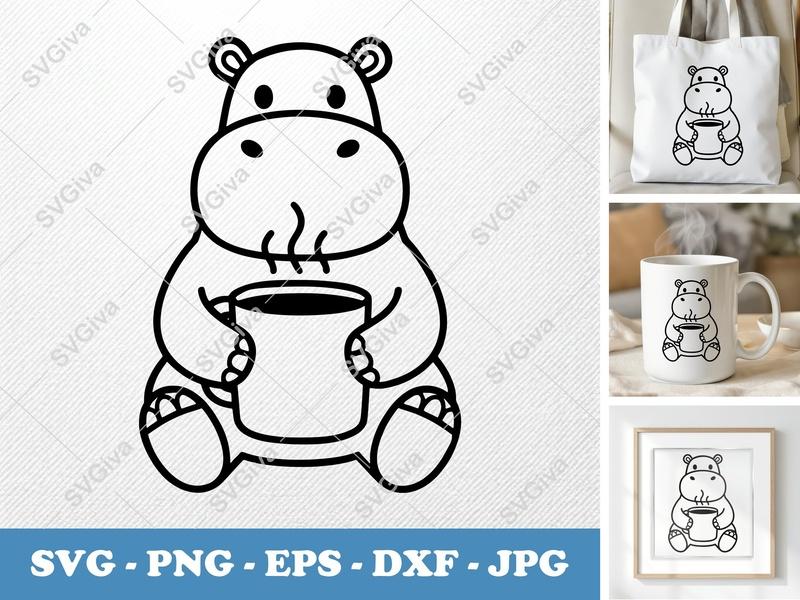 Hippo with Coffee SVG | Cute Animal Mug PNG EPS DXF | Cricut Silhouette Cut File | Modern Clean Design