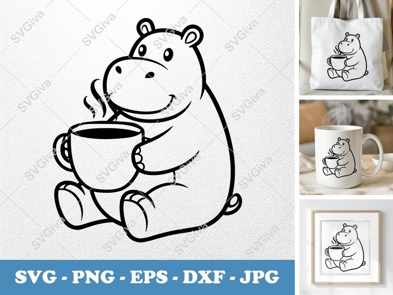 Hippo with Coffee SVG | Cute Animal PNG EPS DXF | Morning Drink Cut File for Cricut, Silhouette