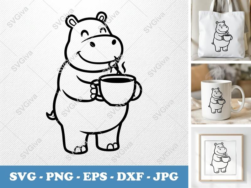 Hippo with Coffee SVG | Smiling Hippo Drinking Hot Beverage | PNG EPS DXF | Cricut & Silhouette Cut File | Cartoon Animal