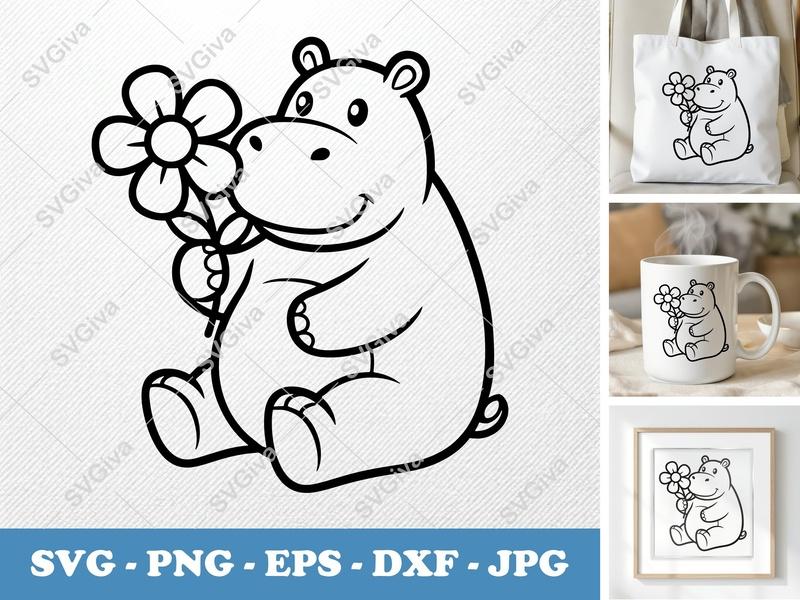 Hippo with Flower SVG | Cartoon Animal PNG, EPS, DXF | Cute Baby Hippo for Cricut, Silhouette