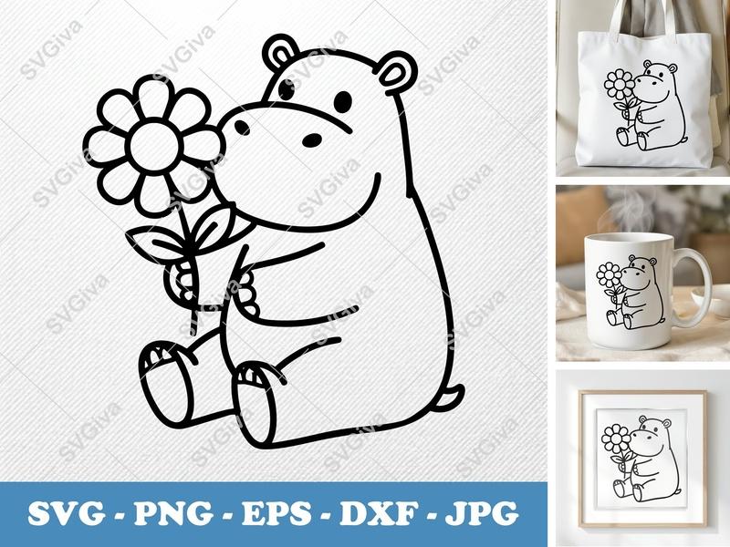 Hippo with Flower SVG | Cute Outline Design | PNG EPS DXF | Cricut Silhouette Cut File Vector Art