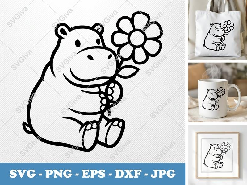 Hippo with Flower SVG | Double-Outline Minimalist Cut File | Thick Contour, Thin Lines | PNG DXF EPS | Cricut Silhouette Design