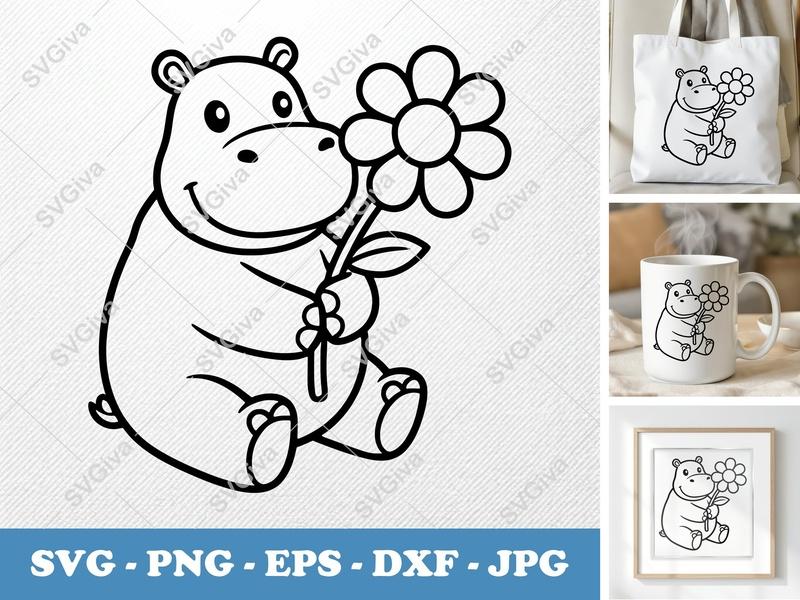 Hippo with Flower SVG | Friendly Bean Shaped Design | Rounded Body Cut File | PNG DXF EPS for Cricut Silhouette