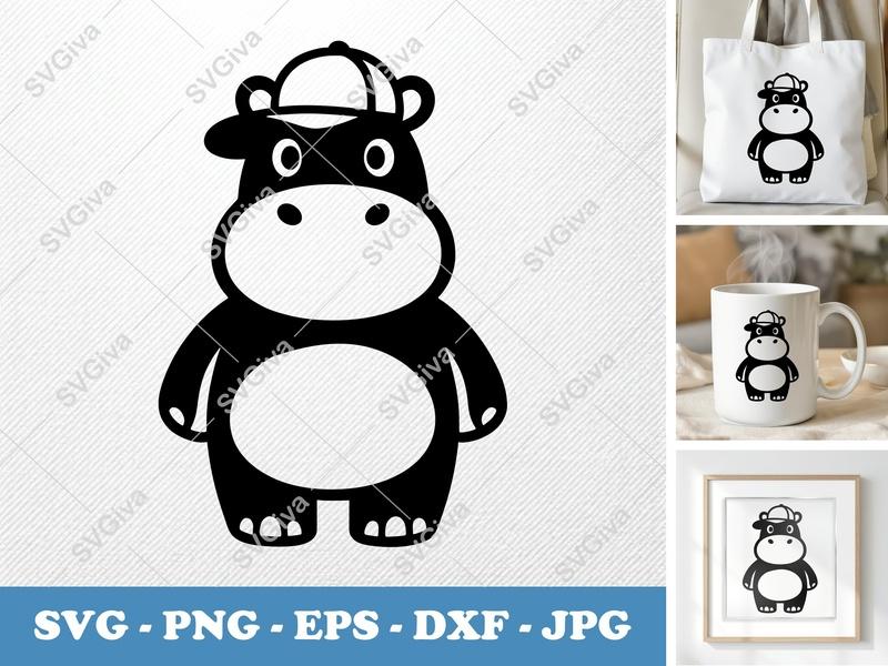 Hippo with Hat SVG | Cartoon Animal Cut File | Modern Clean Design PNG EPS DXF for Cricut & Silhouette