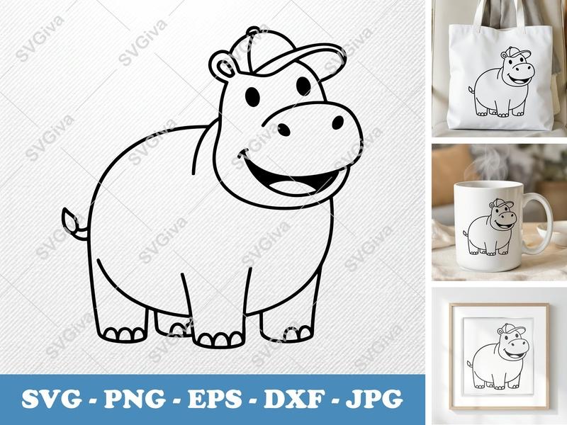 Hippo with Hat SVG | Cartoon Outline, Smiling Animal PNG EPS DXF | Cricut & Silhouette Cut File