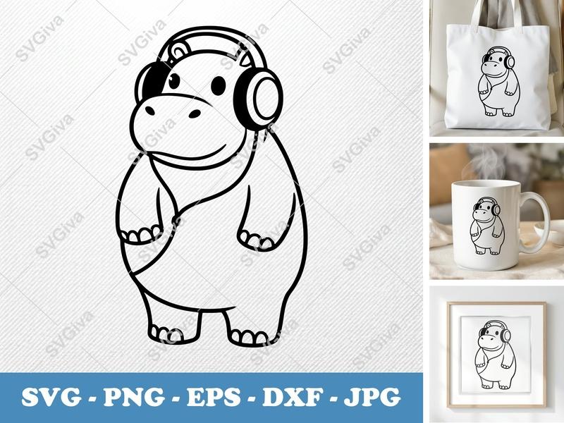 Hippo with Headphones SVG | Cute Animal Clipart | PNG EPS DXF | Cricut Silhouette File
