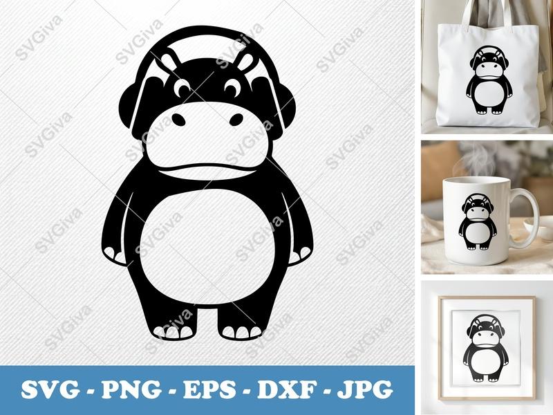 Hippo with Headphones SVG | Music Animal Cut File | PNG EPS DXF | Cricut Silhouette Design | Modern Vector Art