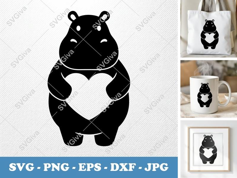 Hippo with Heart SVG | Cute Animal Love | PNG EPS DXF | Cricut Silhouette Cut File