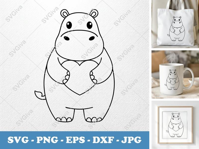 Hippo with Heart SVG | Cute Animal Love PNG EPS DXF | Cricut Silhouette Cut File