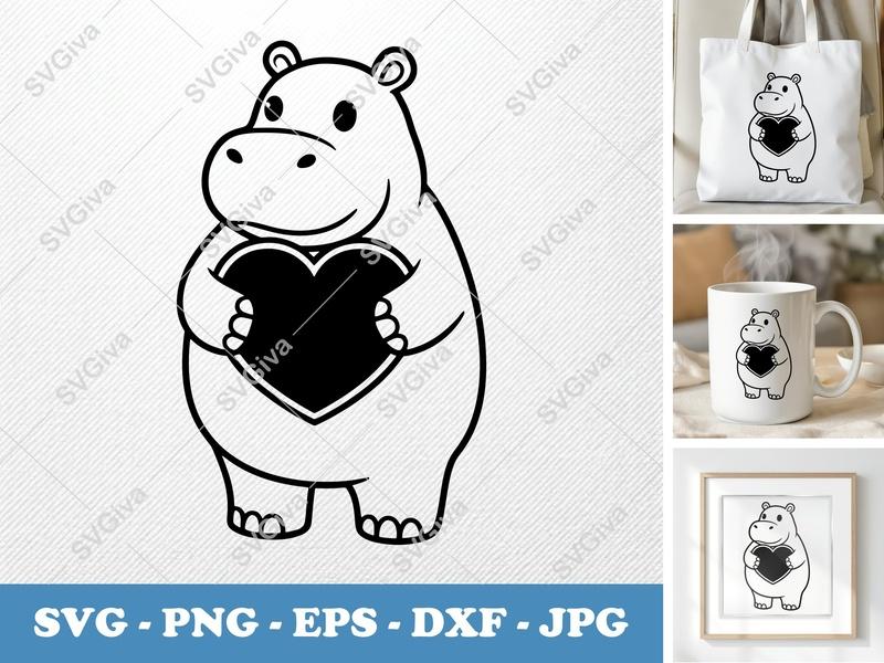 Hippo with Heart SVG | Cute Love Animal PNG EPS DXF | Cricut Silhouette Cut File | Modern Design Clipart
