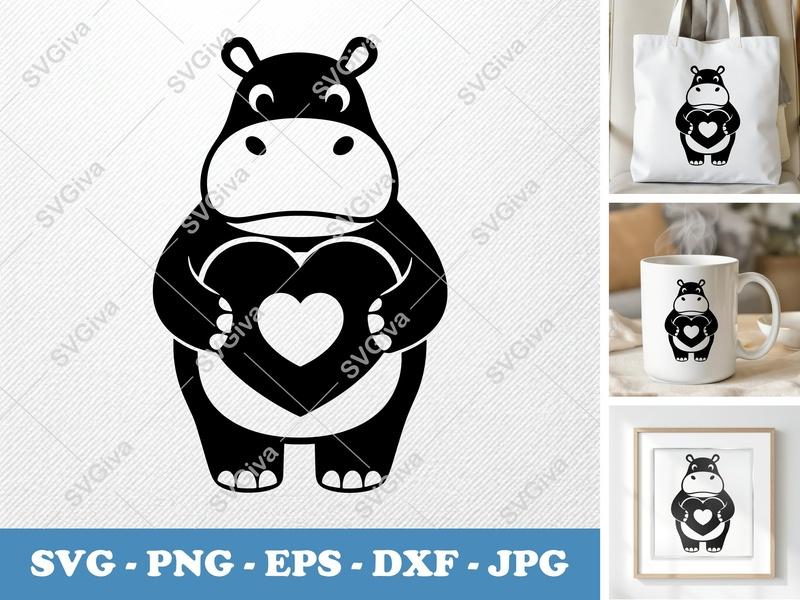 Hippo with Heart SVG | Love Animal PNG EPS DXF | Valentine's Day Cricut Silhouette Cut File