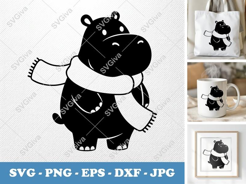 Hippo with Scarf SVG | Cute Hippo PNG EPS DXF | Animal Vector Cut File for Cricut, Silhouette | Winter Clipart