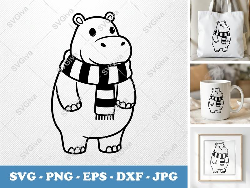 Hippo with Scarf SVG | Cute Striped Winter PNG EPS DXF | Cricut Silhouette File | Animal Clipart | Modern Design