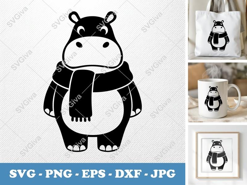 Hippo with Scarf SVG | Cute Winter Animal Clipart, PNG EPS DXF | Cricut & Silhouette Cut File