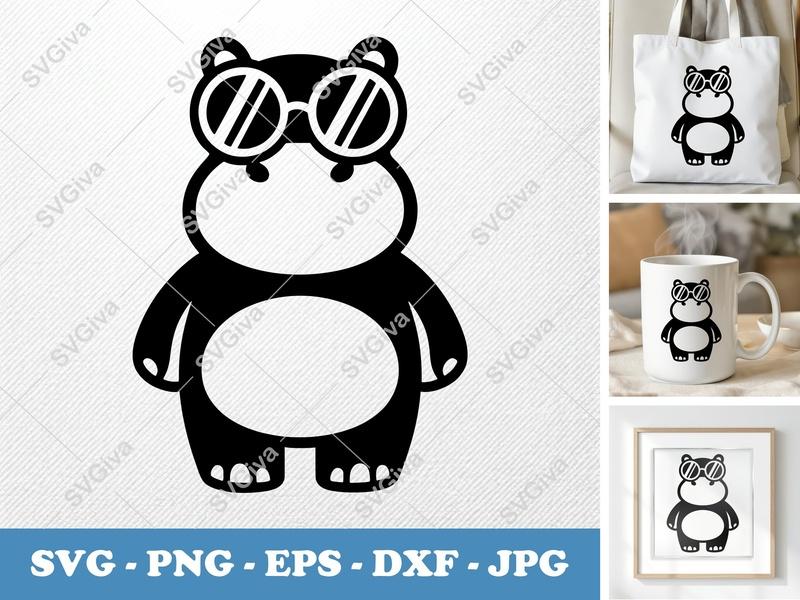 Hippo with Sunglasses SVG | Friendly Bean-Shaped Cut File | Rounded Body PNG DXF EPS for Cricut Silhouette