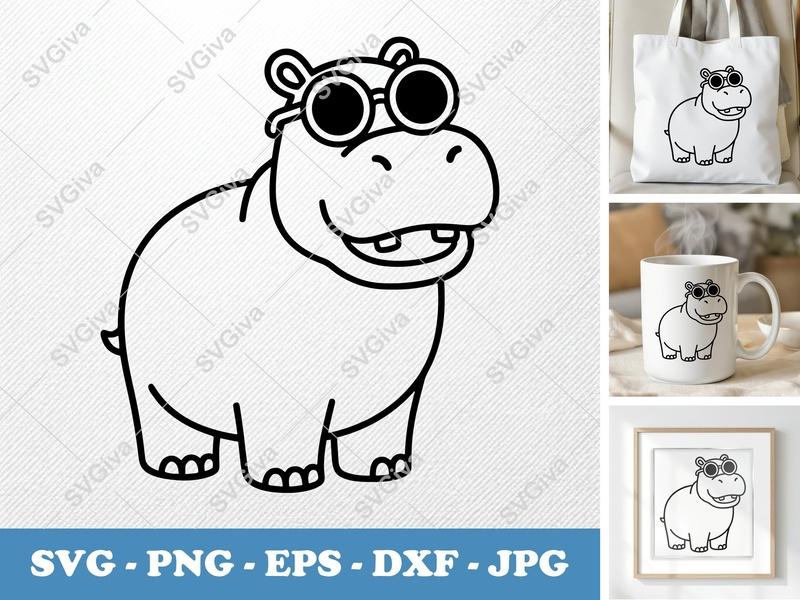 Hippo with Sunglasses SVG | Modern Animal Cut File | PNG EPS DXF for Cricut & Silhouette | Cute Safari Vector Art