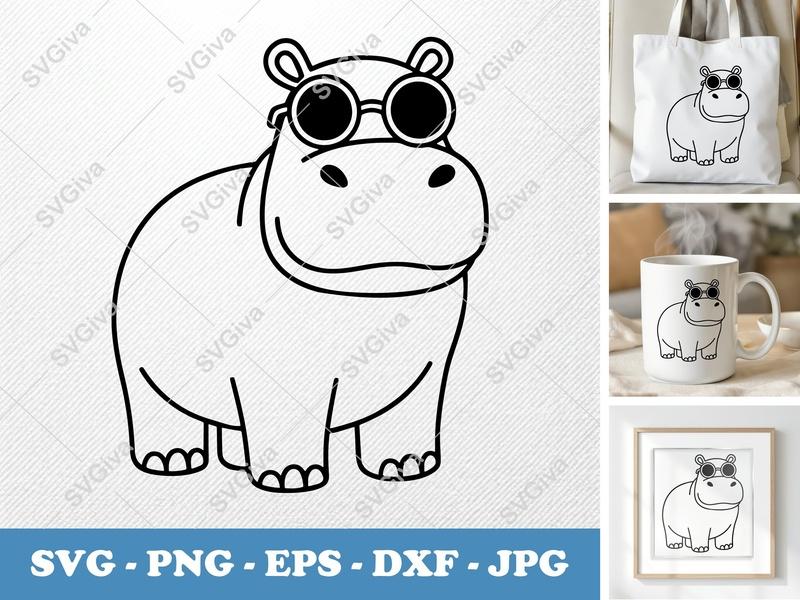 Hippo with Sunglasses SVG PNG DXF EPS | Animal Cut File Cricut Silhouette