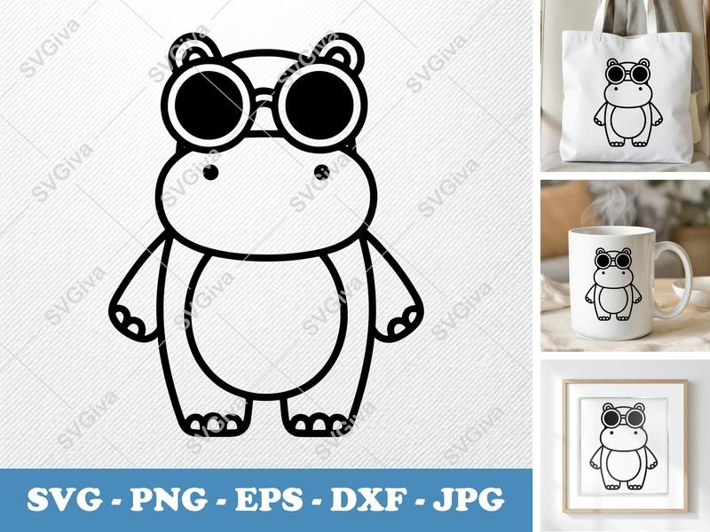 Hippo with Sunglasses SVG, PNG, EPS, DXF | Cute Animal Cut File for Cricut, Silhouette | Modern Safari Vector Clipart