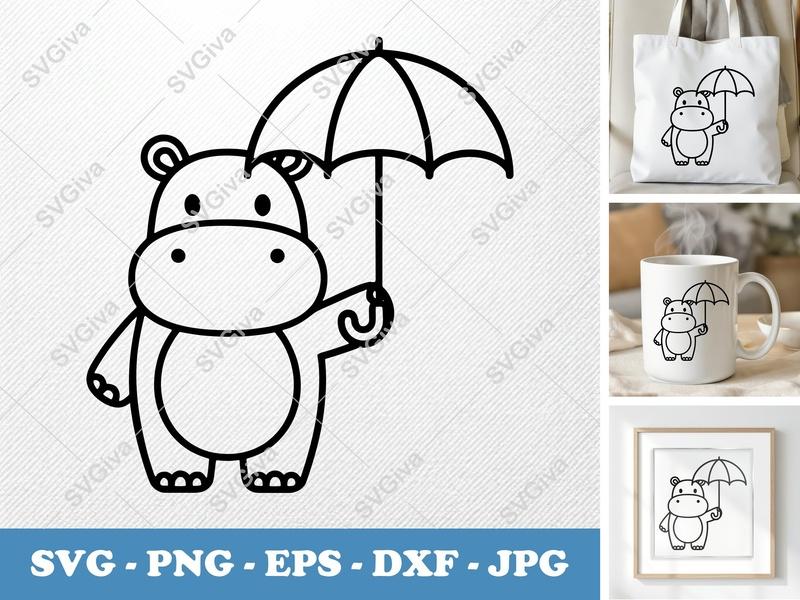 Hippo with Umbrella SVG | Cute Animal PNG EPS DXF | Cricut Silhouette File | Outline Clipart Vector Illustration