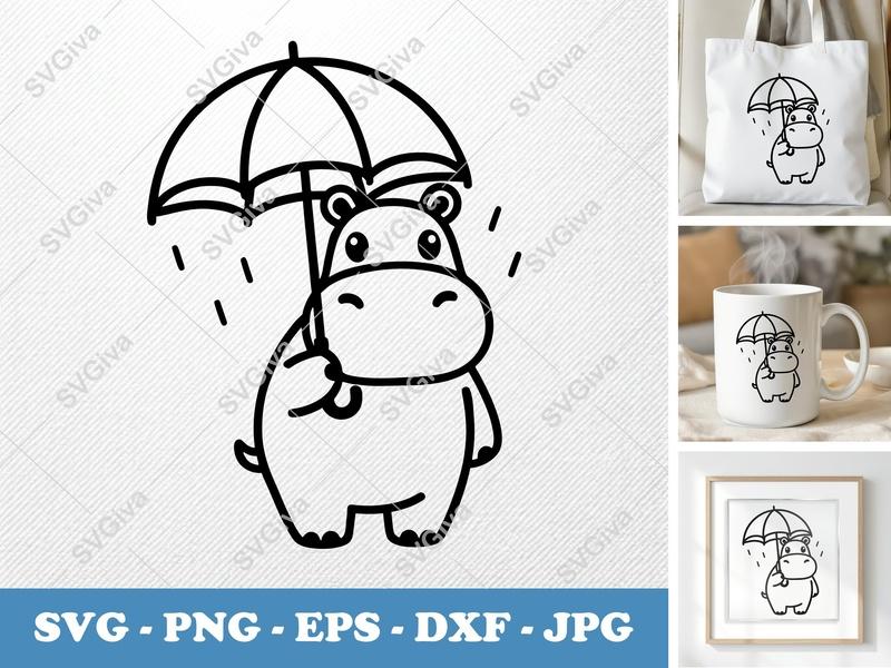 Hippo with Umbrella SVG | Cute Raindrop Line Art | PNG EPS DXF for Cricut & Silhouette | Baby Shower Decor, Kids Craft