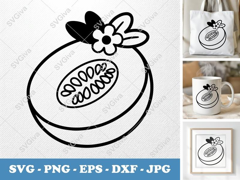 Honeydew SVG | Half Melon with Seeds & Flower | PNG EPS DXF for Cricut, Silhouette | Modern Fruit Cut File