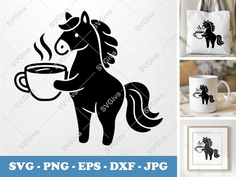 Horse Coffee SVG, Cute Beverage PNG, Hot Drink EPS, Morning DXF | Cricut Silhouette Cut File, Farm Animal | Digital Download