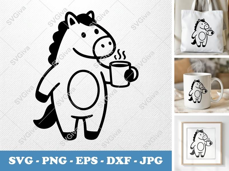 Horse Coffee SVG | Cute Cartoon Equine PNG EPS DXF | Cricut Silhouette File | Animal Lover Mug Design