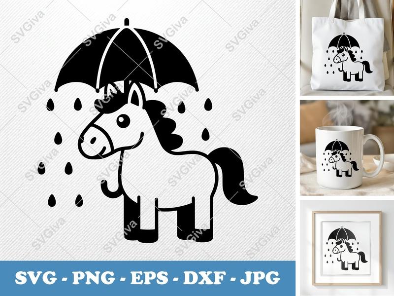 Horse Holding Umbrella SVG | Puffy Soft Shapes | Inflated Look PNG DXF EPS | Cricut Silhouette File